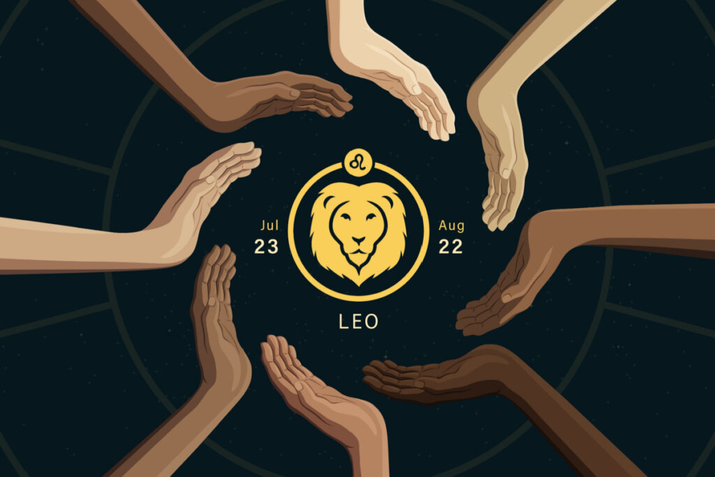 Símbolo do signo de Leão ao redor de mãos