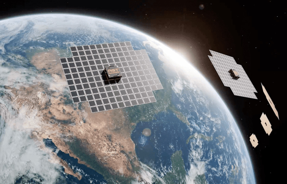 Representação dos satélites Bluebird, da AST SpaceMobile, em órbita (crédito: AST SpaceMobile)